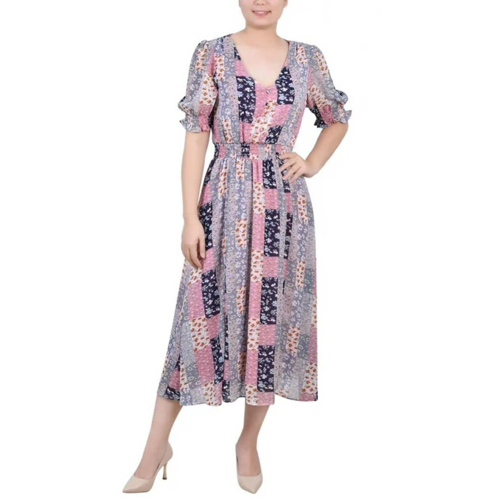 NWT Womens Patchwork V-Neck Puff Sleeve Midi Dress Size Petite Medium